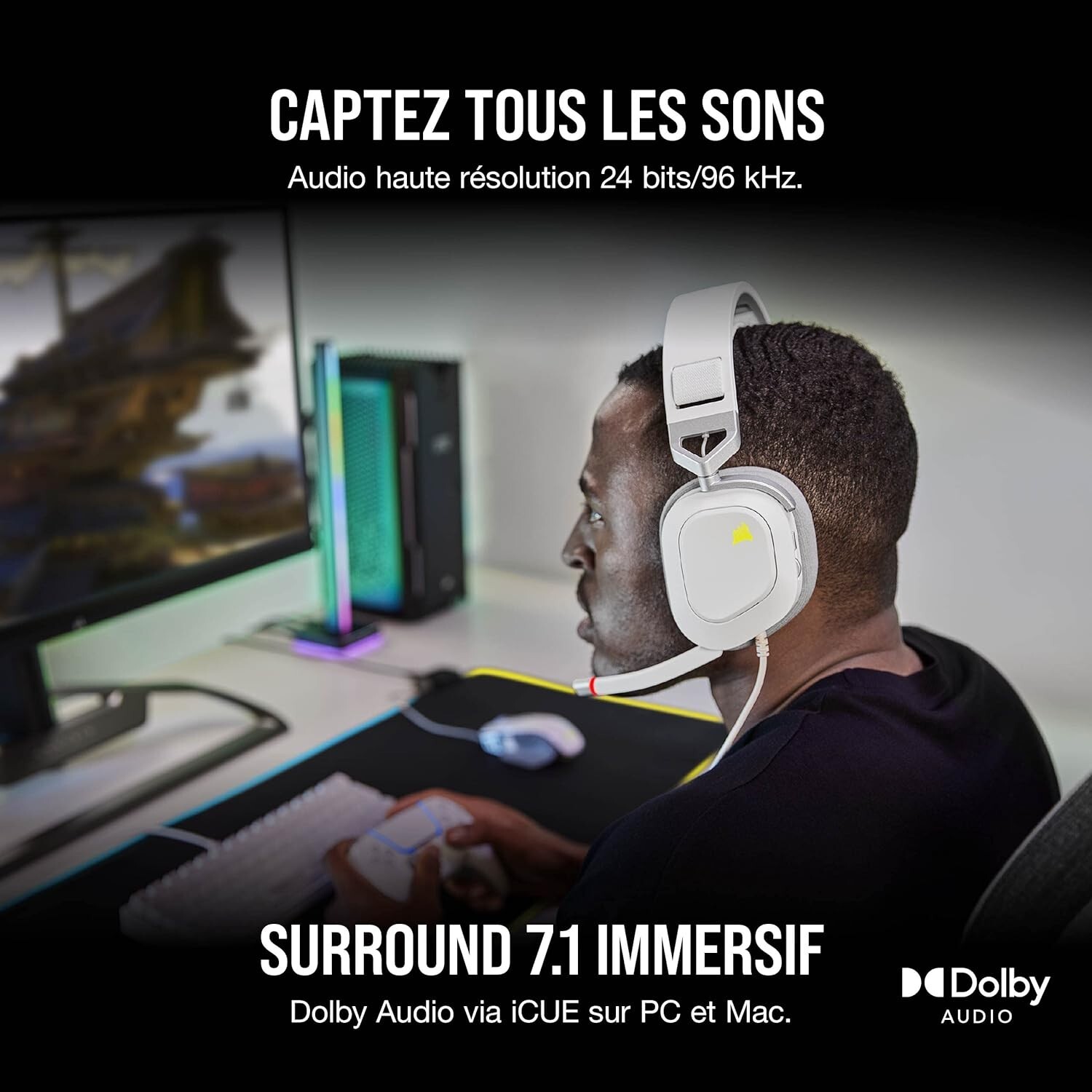 Corsair HS80 RGB USB Casque Gaming Filaire Premium Dolby Son Surround 7.1 / NEUF